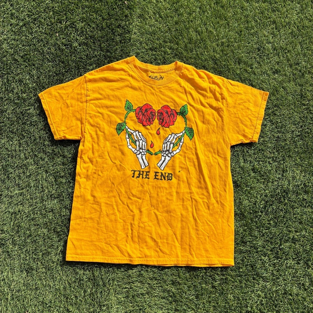 Popular Poison Mens Yellow Skeleton Hands Rose Graphic Tee T-Shirt X-Large